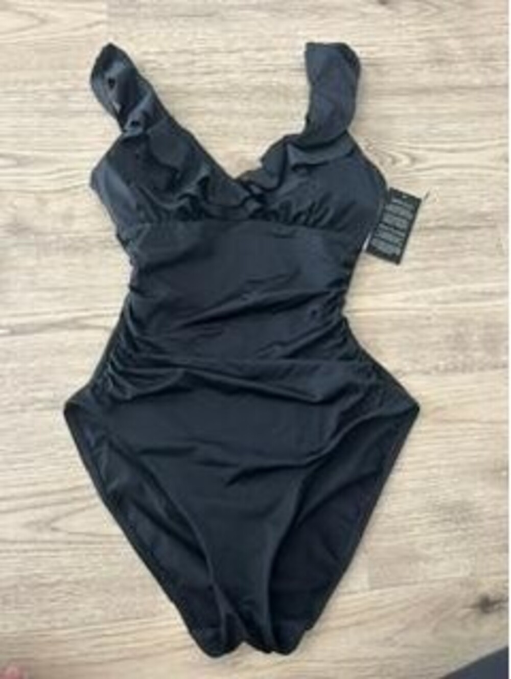 Lauren Ralph Lauren Womens Black Ruffle V-Neck One Piece Swimsuit Size 6